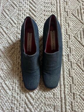 Donald J Pliner denim slip-on loafers, red interior, made in Spain